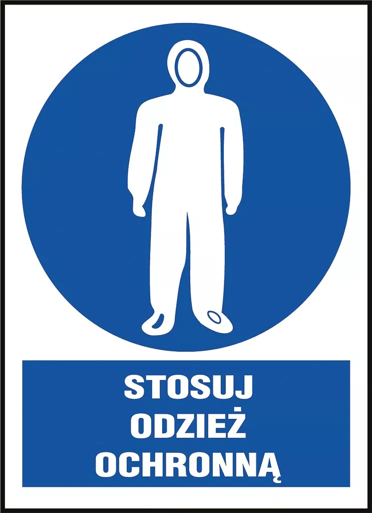 Znak BHP niebieski z białą grafiką osoby w pełnym ubiorze ochronnym i napisem