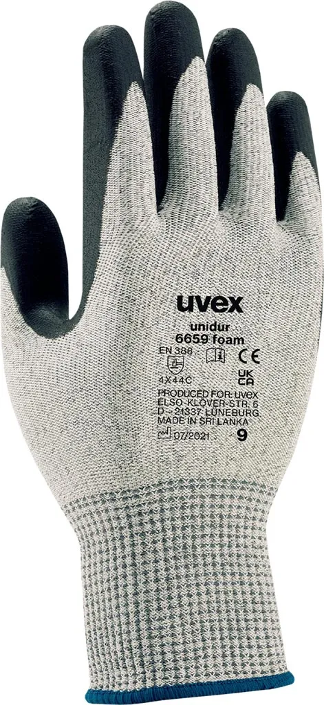 Rękawice ochronne marki uvex, model Unidur 6659 Foam. Szare, z czarnym pokryciem na palcach. Oznaczone symbolami norm ochronnych i rozmiarem 8.