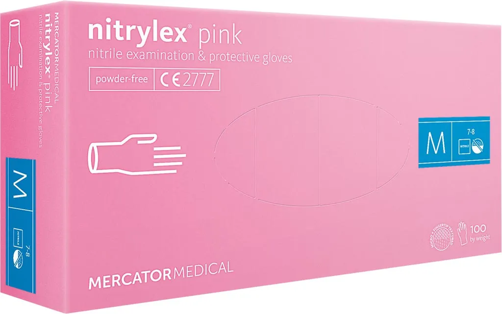 Opakowanie rękawic nitrylowych Nitrylex® Pink, marki Mercator Medical. Rękawice koloru różowego, rozmiar M, 100 sztuk w opakowaniu. Produkt bezpudrowy, jednorazowy.