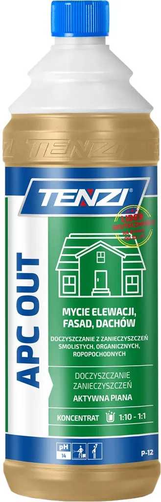 Butelka zawiera 1 litr koncentratu Tenzi APC Out, przeznaczonego do czyszczenia wszystkich zmywalnych powierzchni zewnętrznych.