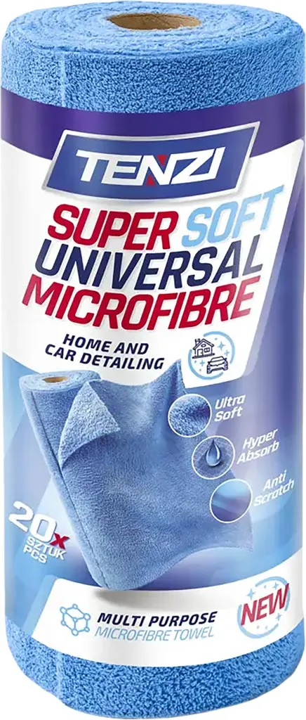 Rolka super miękkiej, uniwersalnej ścierki z mikrofibry marki Tenzi. Produkt wielokrotnego użytku, zawiera 20 sztuk. Idealna do detali samochodowych i domowych.