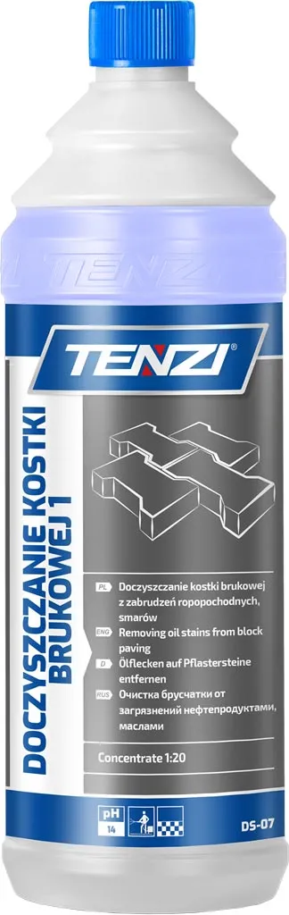 Butelka z preparatem do czyszczenia kostki brukowej Tenzi, pojemność 1 litr. Opakowanie jest białe z niebieskimi akcentami i opisem stosowania.