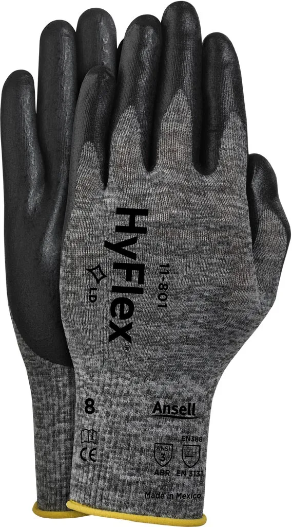 Rękawice HyFlex® 11-801, szaro-czarne, z częściowym pokryciem dłoni w kolorze czarnym. Na nadgarstku oznakowanie rozmiaru (8) i logotypy.