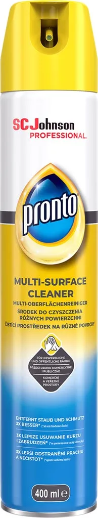 Pianka do mebli Pronto Multisurface Professional, typ 5 w 1, przeznaczona do różnych powierzchni. Opakowanie z aplikatorem spray.