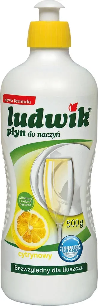 Biała butelka płynu do mycia naczyń Ludwik o pojemności 500 ml. Na etykiecie widnieje cytryna i talerz, a także informacja o 50% więcej mycia. Charakteryzuje się działaniem biodegradowalnym.