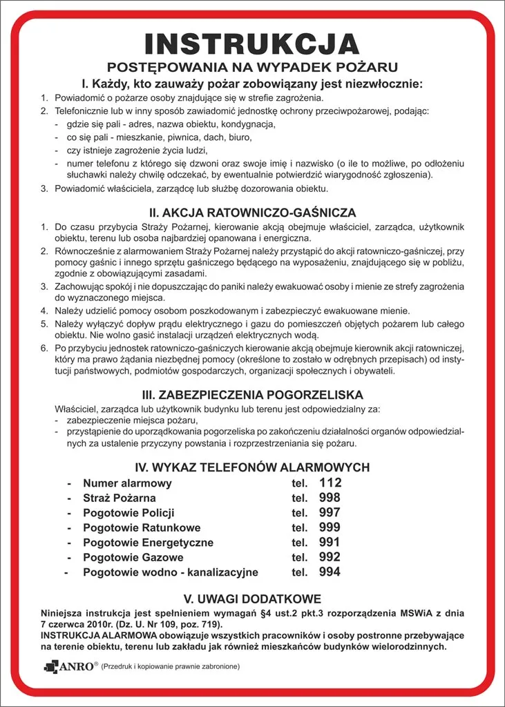 Instrukcja PPOŻ to czerwony plakat z wytycznymi postępowania na wypadek pożaru, zawierający informacje takie jak sposób ewakuacji, używanie środków gaśniczych i numery alarmowe.