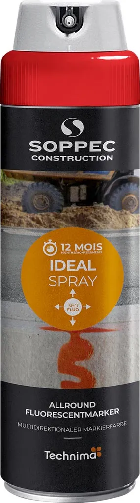 Puszka z farbą do znakowania SOPPEC Construction. Produkt fluorescencyjny, zapewniający wielokierunkowe rozpylanie (360 stopni). Opakowanie zawiera grafikę z napisami i logo producenta.