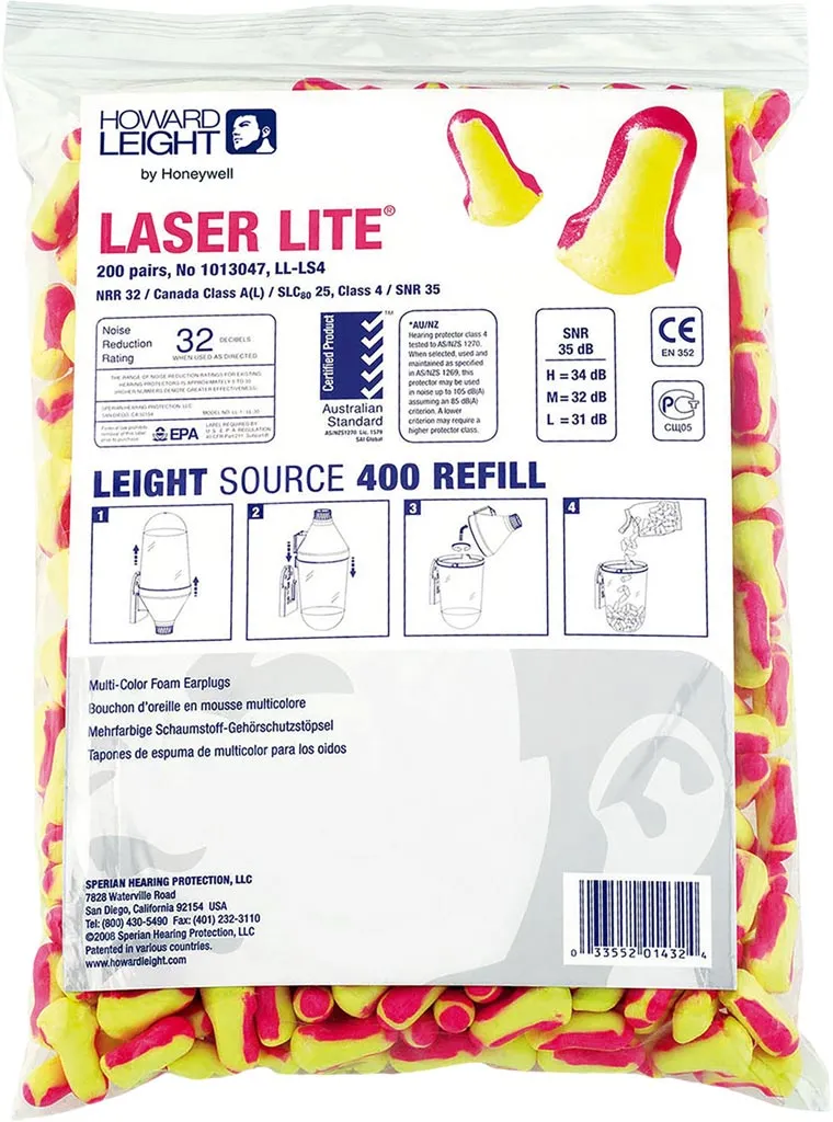 Opakowanie zawiera wkładki przeciwhałasowe Laser Lite® LS400. Wkładki mają żółto-różowy kolor. Na opakowaniu znajdują się informacje o wartości tłumienia (SNR 32), ilustracje instruktażowe oraz oznaczenia CE.