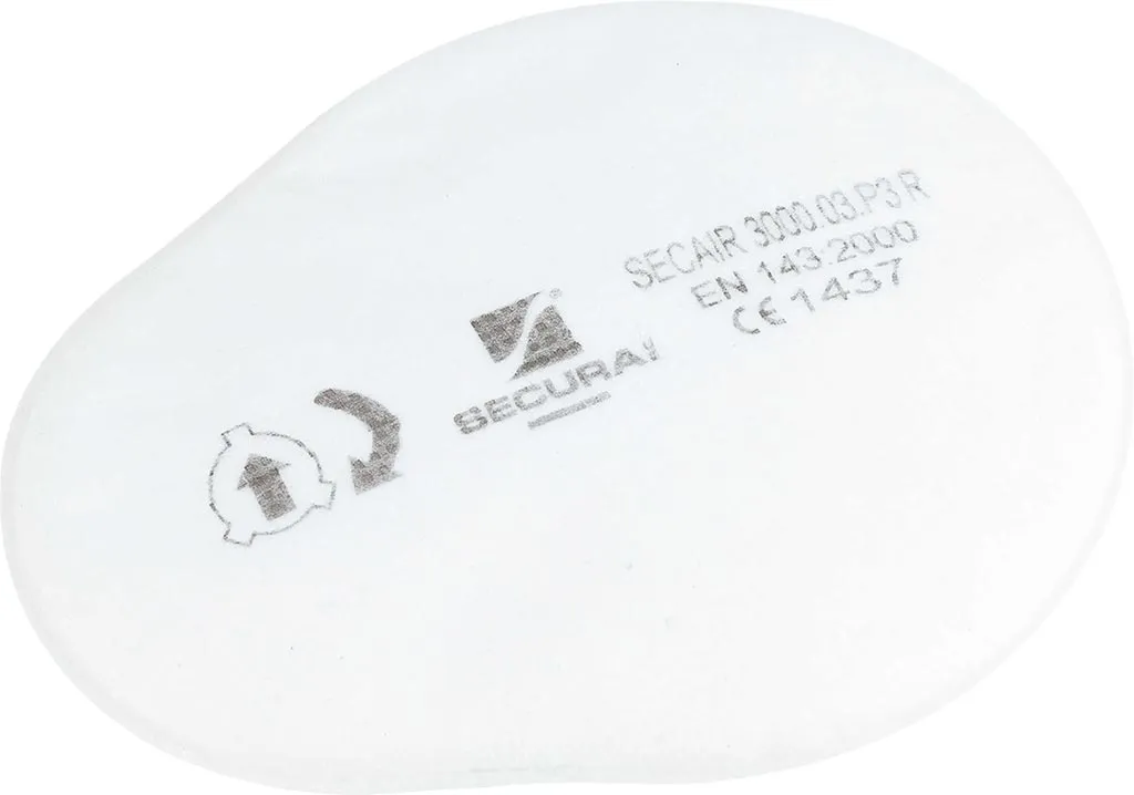 Biały, owalny filtr powietrza marki SECAIR, model 3000. Na filtrze widoczne oznaczenia: numer modelu S-303-2018-09 oraz normy EN 143/2000 i CE 1437.