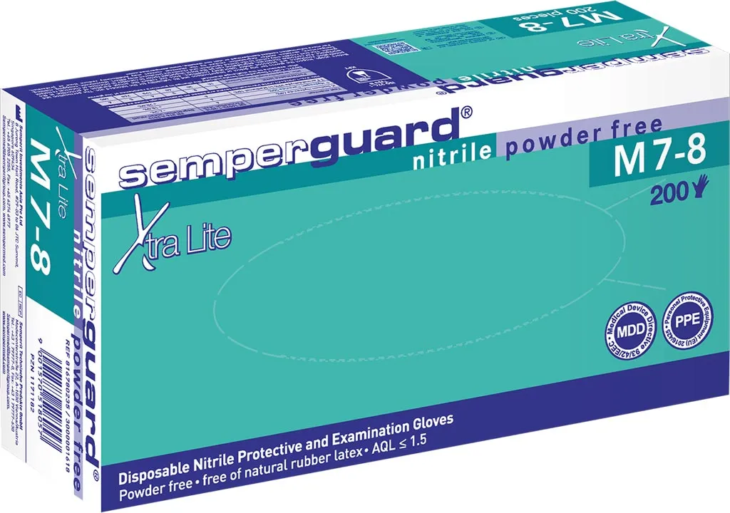 Opakowanie zawiera 200 sztuk jednorazowych rękawic nitrylowych Semperguard Xtra Lite, bezpudrowych, rozmiar M. Rękawice są niebieskie, odpowiednie do ochrony i sanitacji.