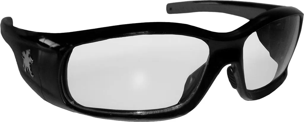 Okulary ochronne Swagger z czarną, plastikową oprawką i przezroczystymi szkłami.