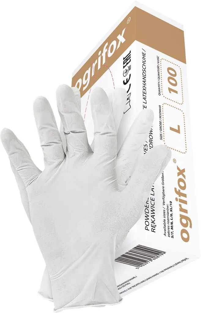 Rękawice lateksowe Agrifox, pudrowane, w rozmiarze L. Opakowanie zawiera 100 sztuk. Produkt przystosowany do jednorazowego użycia.