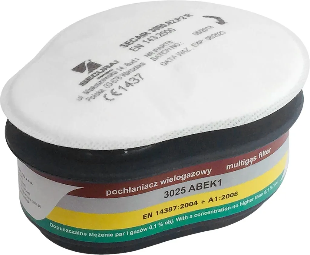 Filtropochłaniacz, model 3025 ABEK1, do ochrony przed gazami, parami i cząstkami. Posiada oznaczenia zgodności z normą EN 14387:2004 + A1:2008. Czarno-biały, z kolorowymi pasami na obwodzie.