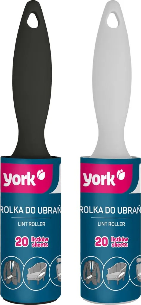 Rolki do ubrań marki York, jedna z czarną, a druga z białą rączką. Każda zawiera 20 arkuszy.