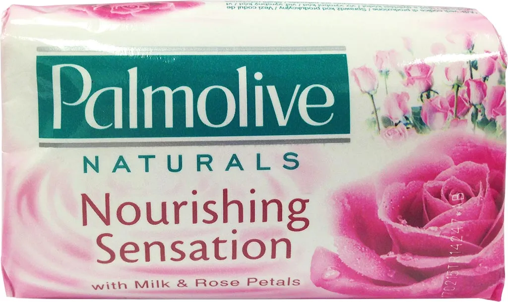 Opakowanie różowego mydła Palmolive Naturals Nourishing Sensation. Zawiera płatki róż i mleko.