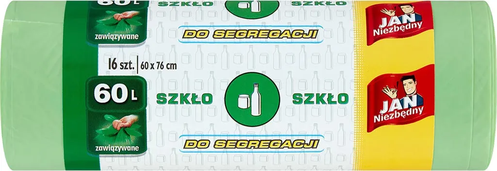 Opakowanie zielonych worków na śmieci do segregacji szkła o pojemności 60 litrów.