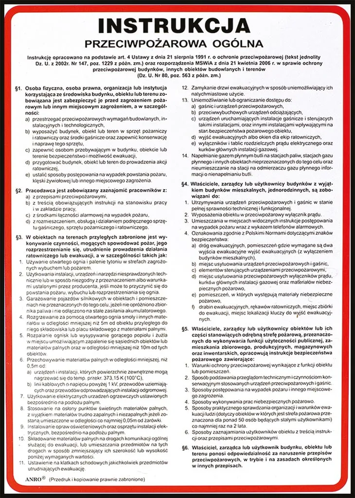 Instrukcja przeciwpożarowa ogólna, zamieszczona na plakacie w czerwonej ramce, zawierająca tekst w języku polskim uporządkowany w punktach.