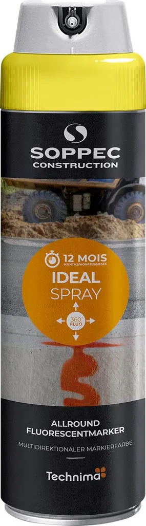 Puszka fluorescencyjnej farby do znakowania SOPPEC Construction. Produkt wielokierunkowy, możliwość stosowania pod kątem 360 stopni.