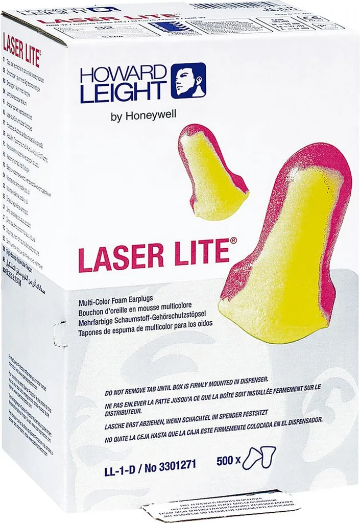 Opakowanie zawiera zatyczki do uszu Laser Lite marki Howard Leight by Honeywell. Zatyczki są wielokolorowe, żółto-różowe, wykonane z miękkiej pianki. Opakowanie zawiera 500 par.