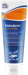 Opakowanie kremu do rąk Stokoderm Protect PURE w tubce. Kolorystyka: niebiesko-biała z pomarańczowym akcentem. Na opakowaniu znajdują się informacje o przeznaczeniu - ochronie skóry przed działaniem wody i substancji chemicznych.