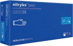 Niebieskie opakowanie rękawic nitrylowych Nitrylex® Basic, rozmiar M, zawiera 100 sztuk. Produkt bezpudrowy, medyczny.