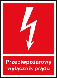 Czerwony znak bezpieczeństwa z białym piorunem wskazujący na przeciwpożarowy wyłącznik prądu.