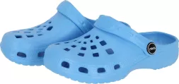Lekkie, piankowe klapki dziecięce DOTS-KID w niebieskim kolorze, z wentylowanymi otworami, wygodne do domu i ogrodu.