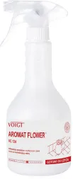 Odświeżacz powietrza Voigt AROMAT FLOWER VC 124 o zapachu kwiatowym, w białej butelce z rozpylaczem. Na etykiecie czerwone akcenty i informacja o ochronie biocidalnej.