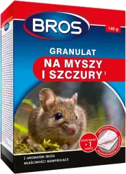 Opakowanie granulatu marki BROS, przeznaczonego do zwalczania myszy i szczurów. Zawartość netto to 140 g. Produkt działa od momentu spożycia przez gryzonie.