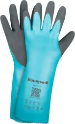 Rękawice ochronne marki Honeywell, model FLEXTRIL 33-3150E, niebiesko-szare, z kodem QR i certyfikatami CE oraz EN na mankiecie.