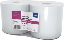 Dwa białe rolki czyściwa przemysłowego, marki Elite Professional, model C 250/2 MAXY. Opakowanie z informacjami o produkcie i logo producenta.