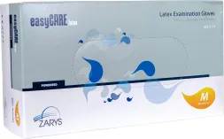 Opakowanie białe z niebieskimi grafikami, zawiera rękawice lateksowe diagnostyczne, pudrowane, marki easyCARE, rozmiar M.