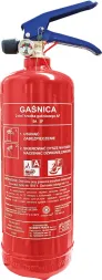 Czerwona gaśnica pianowa o pojemności 2 kg, przeznaczona do stosowania w gastronomii. Na cylindrze znajdują się symbole klasyfikujące rodzaje pożarów, na które można jej użyć (klasy A, B, F), oraz etykieta instrukcyjna.