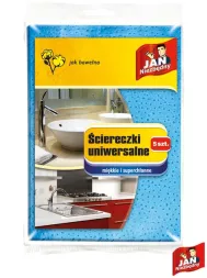Opakowanie zawiera 5 sztuk uniwersalnych ściereczek, które są miękkie i chłonne. Na opakowaniu widać zdjęcia obrazujące używanie ściereczek do czyszczenia w kuchni i łazience.