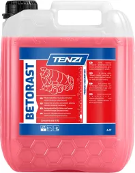 Produkt na obrazie to pojemnik z koncentratem marki TENZI, model BETORAST, przeznaczony do usuwania betonu z różnych powierzchni. Pojemnik jest koloru różowego i ma wydatny etykietę z grafiką pojazdu budowlanego oraz tekstem w języku polskim.