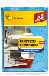 Opakowanie zawiera 5 sztuk uniwersalnych ściereczek, które są miękkie i chłonne, przypominające bawełnę. Na opakowaniu znajduje się grafika przedstawiająca ściereczki oraz zdjęcia zastosowań w kuchni i łazience.