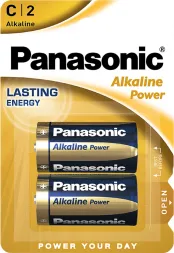 Opakowanie baterii Panasonic Alkaline Power LR14/C. Zawiera dwa srebrno-niebieskie baterie oznaczone jako 