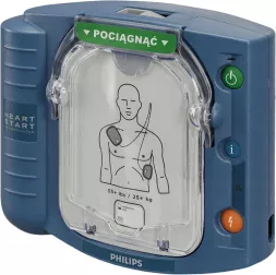 Defibrylator PHILIPS AED HeartStart HS1 dwufazowy z funkcją szkoleniową, łatwy w użyciu, z instrukcjami głosowymi i graficznym oznaczeniem miejsc elektrody. Model przeznaczony dla osób powyżej 8 lat i powyżej 25 kg.
