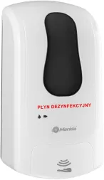 Biały, automatyczny dozownik płynu dezynfekcyjnego MERIDA ONE. Posiada czujnik ruchu i napis 