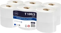 Papier toaletowy Professional T 100/2, biały, w pakiecie sześć rolek. Na opakowaniu informacje o produkcie i kod kreskowy.