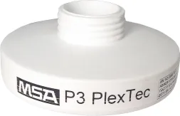 Biały, okrągły filtr cząsteczkowy MSA P3 PlexTec z gwintem do zamocowania. Na filtrze nadrukowana jest nazwa i logo producenta.