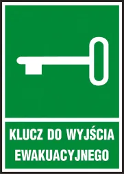 Zielony znak ewakuacyjny z białym symbolem klucza i napisem 