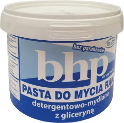 Pojemnik z pastą do mycia rąk marki BHP, pojemność 500 g. Produkt detergentowo-mydlany z gliceryną, bez parabenów. Opakowanie to biały plastikowy pojemnik z niebiesko-białą etykietą.