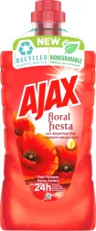 Płyn czyszczący Ajax Floral Fiesta w opakowaniu z recyklingu, biodegradowalny. Zapewnia świeżość do 24 godzin, ma czerwone opakowanie z kwiatowym motywem.