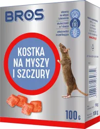 Opakowanie kostek na myszy i szczury marki Bros, o wadze 100g. Produkt jest przedstawiony jako skuteczny środek zwalczający gryzonie, z grafiką szczura i kostek produktu.