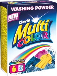 Opakowanie proszku do prania Clovin Multi Color. Opakowanie niebieskie, z grafiką tęczy oraz kolorowych ubrań. Na opakowaniu jest zaznaczone, że produkt jest nowy.
