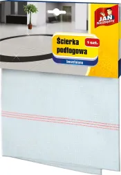 Bawełniana ścierka do podłogi w kolorze jasnoniebieskim z czerwoną linijką na brzegach. Opakowanie z napisem 