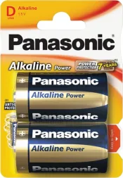 Opakowanie dwóch baterii alkalicznych Panasonic Alkaline Power LR20/D. Baterie mają obudowę w kolorach srebrnym i czarnym z żółtymi akcentami. Na opakowaniu wyróżnia się logo Panasonic i napis 