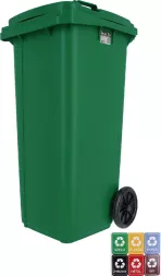 Pojemnik na śmieci BINCAN o pojemności 120L, zielony, na kółkach. Przeznaczony do segregacji odpadów: papier, szkło, plastik, bio. Zamykana pokrywa.