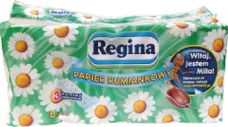 Opakowanie papieru toaletowego Regina z ekstraktem rumiankowym, zawiera 3 warstwy, opakowanie w stylem przyjaznym dla środowiska.